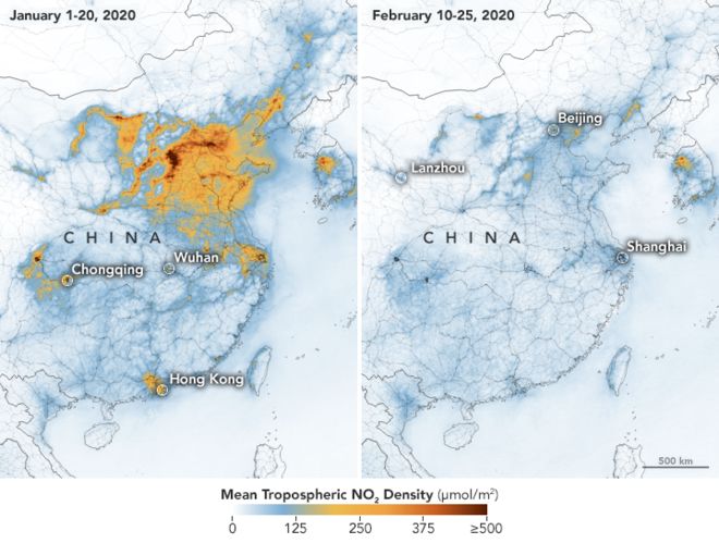 NASA图像显示Covid-19相关的中国空气污染降低